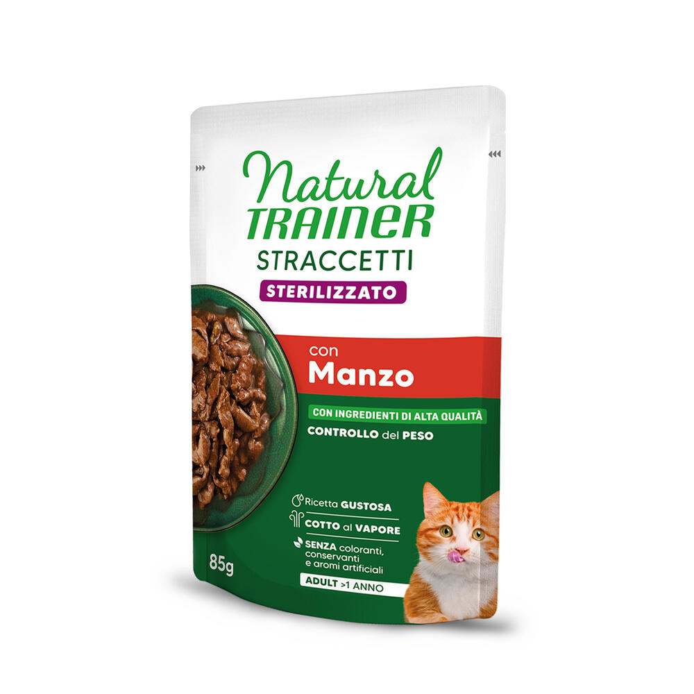 Voordeelverpakking 48x 85g Natural Trainer Stracceti Adult Gesteriliseerde reepjes in jus Rund nat kattenvoer