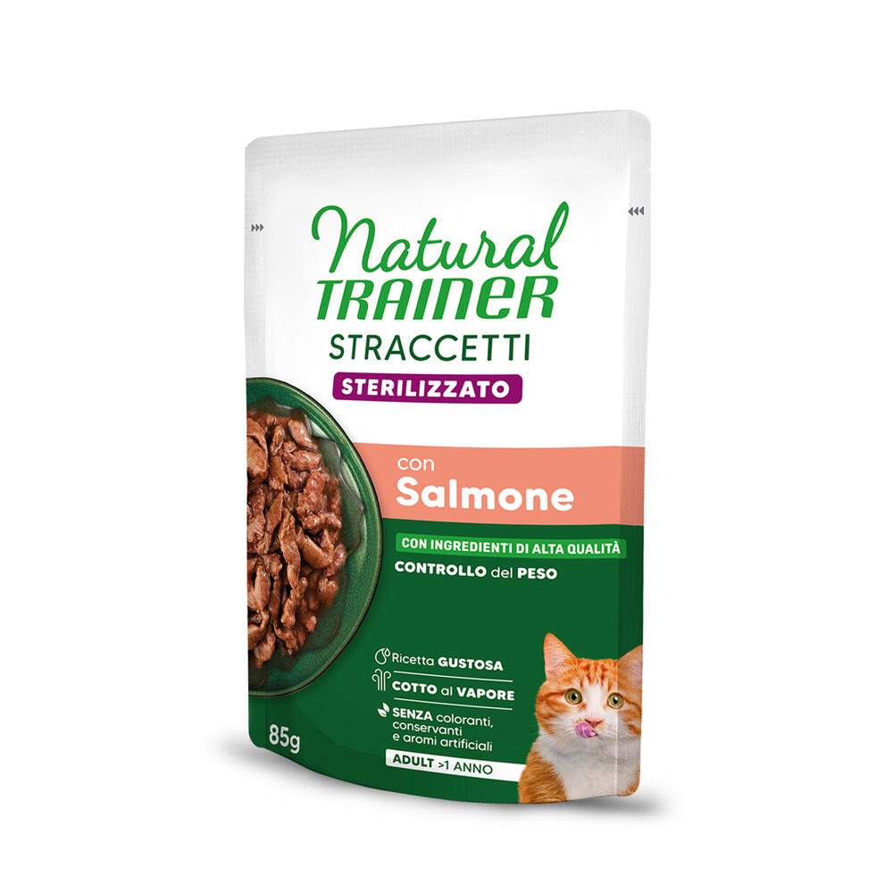 24x 85g Natural Trainer Stracceti Adult Gesteriliseerde repen in saus Zalm nat kattenvoer