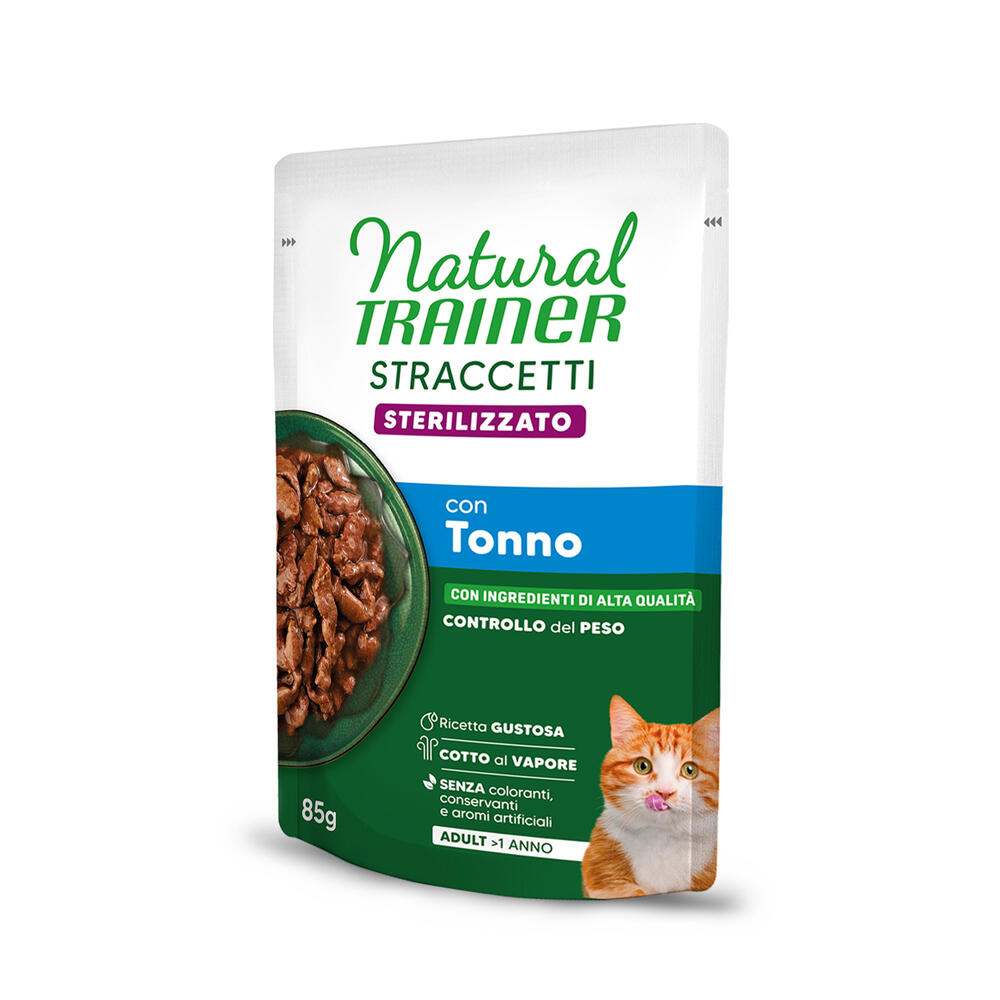 Voordeelverpakking 48x 85g Natural Trainer Stracceti Adult Gesteriliseerde repen in saus Tonijn nat kattenvoer
