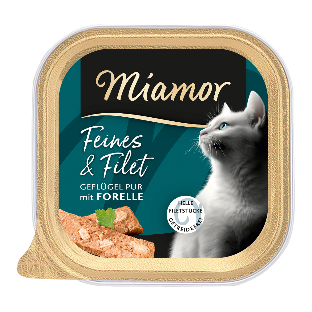 Voordeelpakket: 32x 100g Miamor Feines & Filet Gevogelte Pur & Forel natvoer voor katten