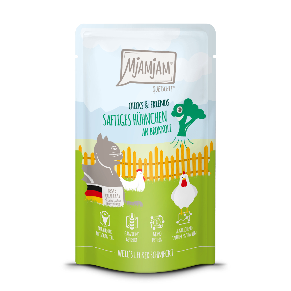 Voordeelpakket MjAMjAM Knijpzak 24 x 125 g – Heerlijke kip van Chicks & Friends met fijne wortelen.