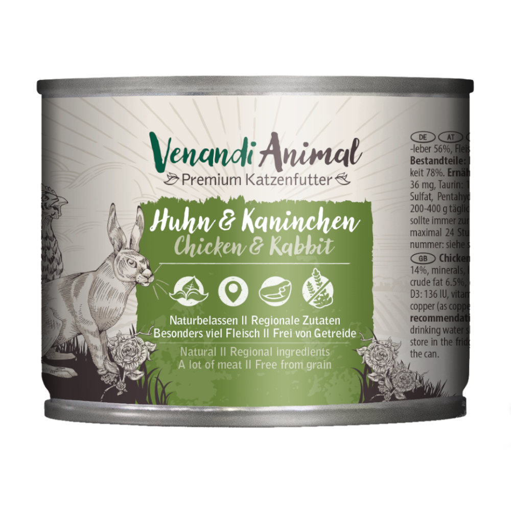 Voordeelpakket: 24x200g Kip & Konijn Mixpack Venandi Animal Monoproteïne Kattennatvoer