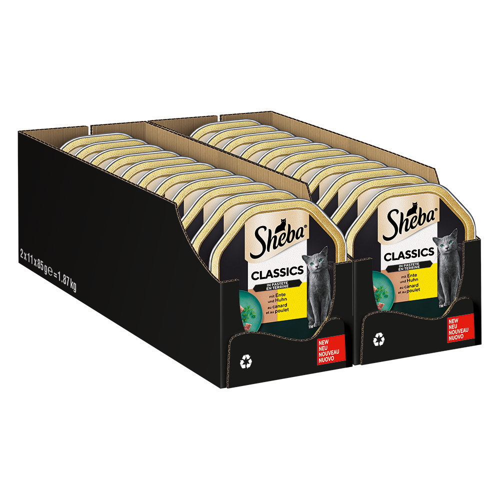 Voordeelpakket Sheba Kuipjes 44 x 85 g – Classics in paté Eend en Kip