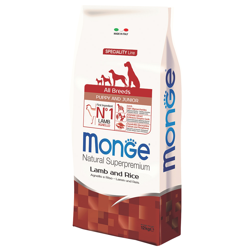 2x12kg Lam & Rijst Superpemium Alle rassen Puppy Junior Monge