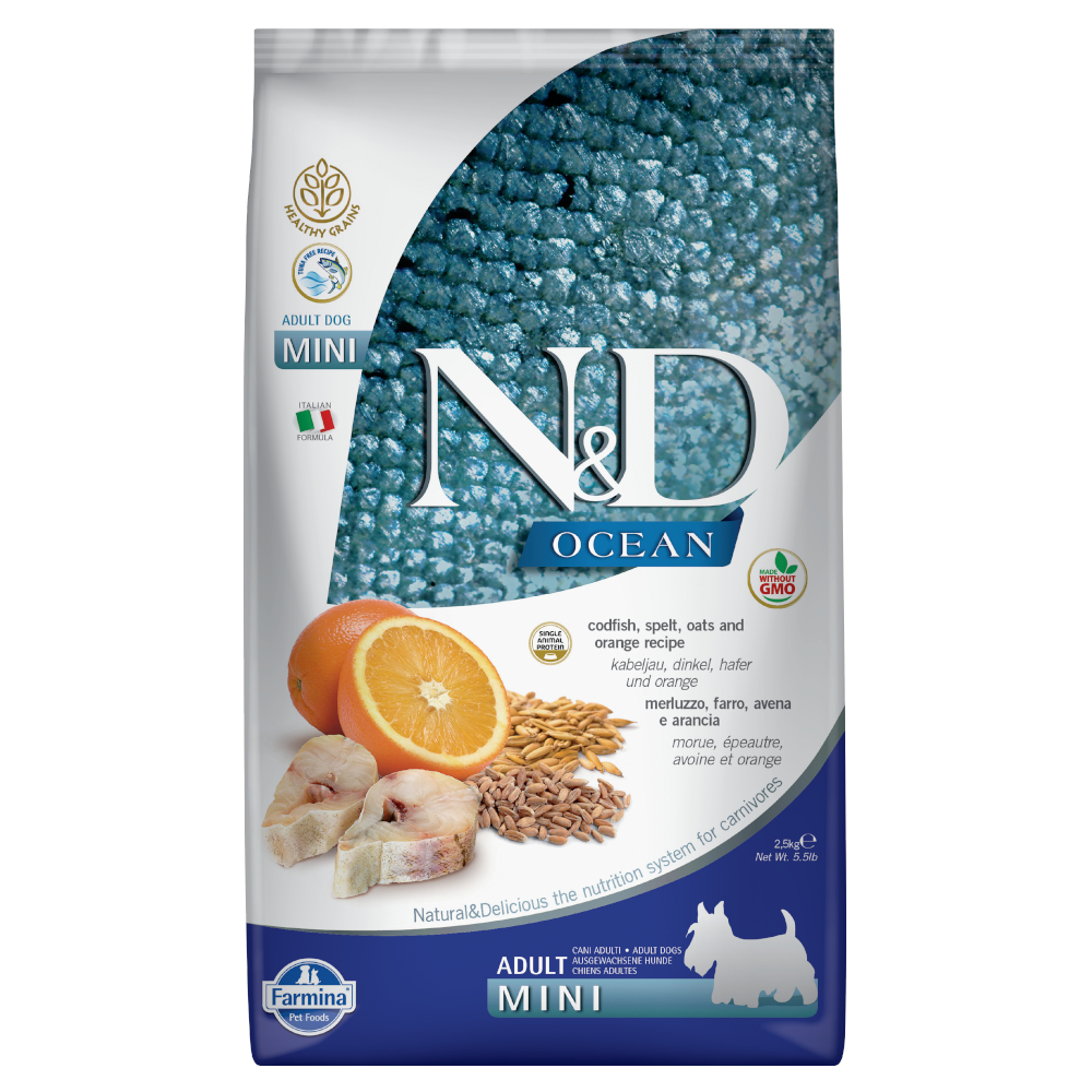 3×2,5kg Ocean Low Grain Adult Mini Kabeljauw en Sinaasappel Farmina N&D