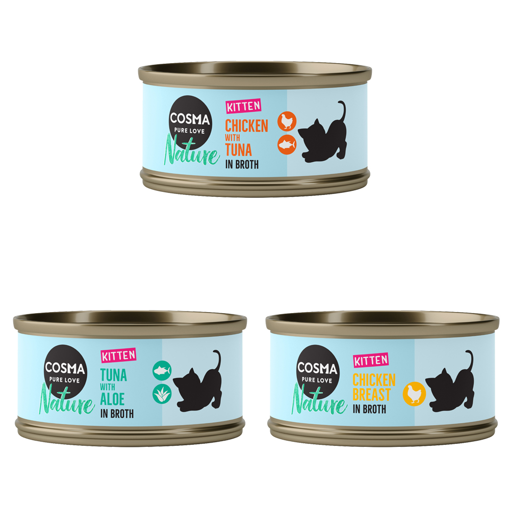 6x70g Kitten (Kip, Kip/Tonijn, Tonijn/Aloë Vera) Cosma Nature Kattenvoer