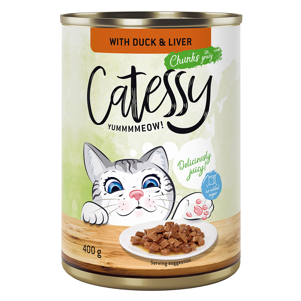 24x400g Hapjes in Saus of Gelei met Eend en Lever in Saus Catessy Kattenvoer