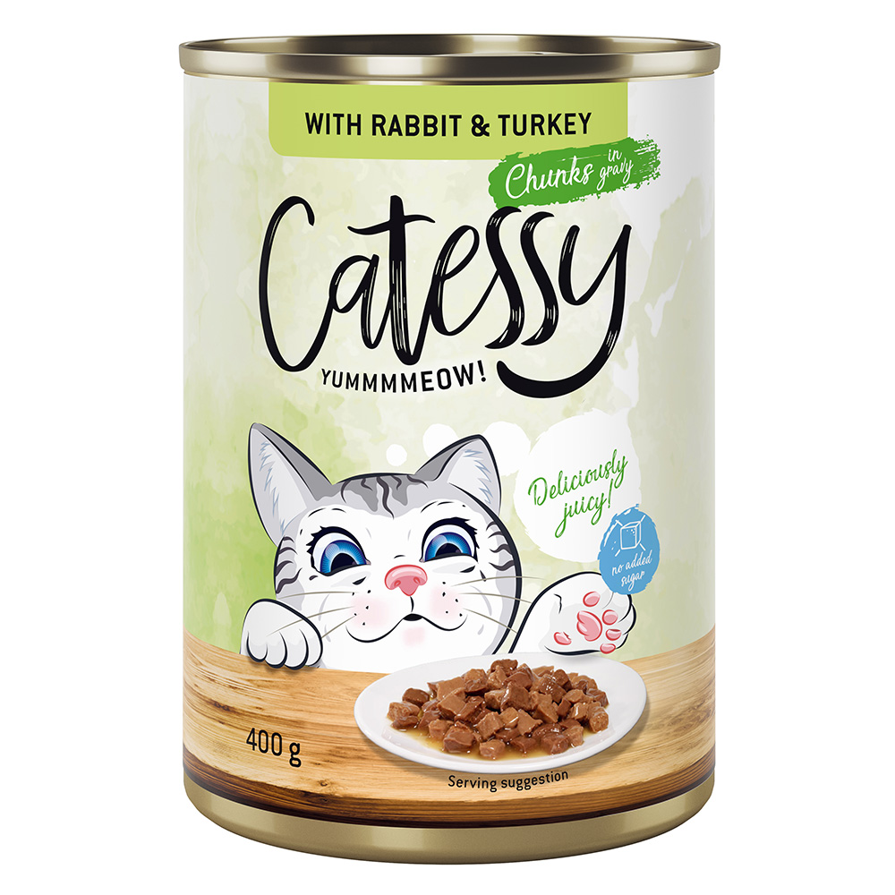 24x400g Hapjes in Saus of Gelei met Konijn en Kalkoen in Saus Catessy Kattenvoer