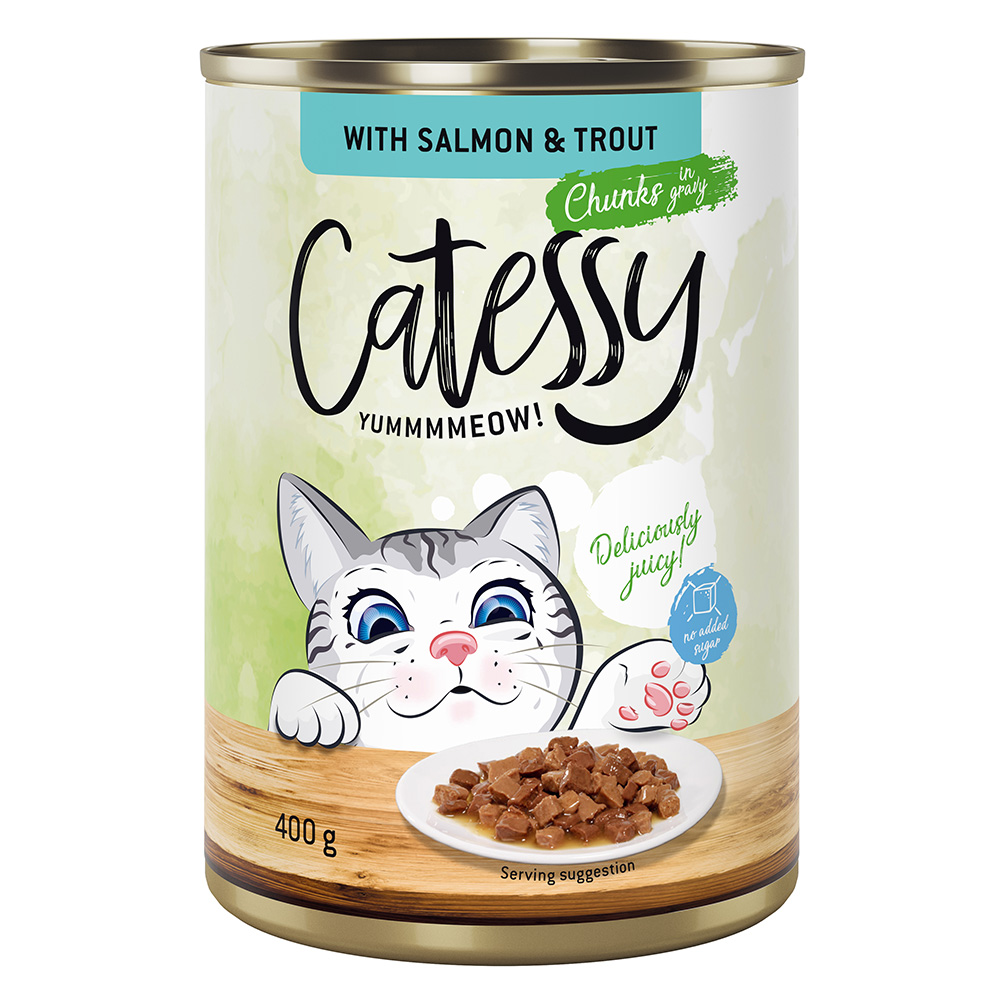 24x400g Hapjes in Saus of Gelei met Zalm en Forel in Saus Catessy Kattenvoer