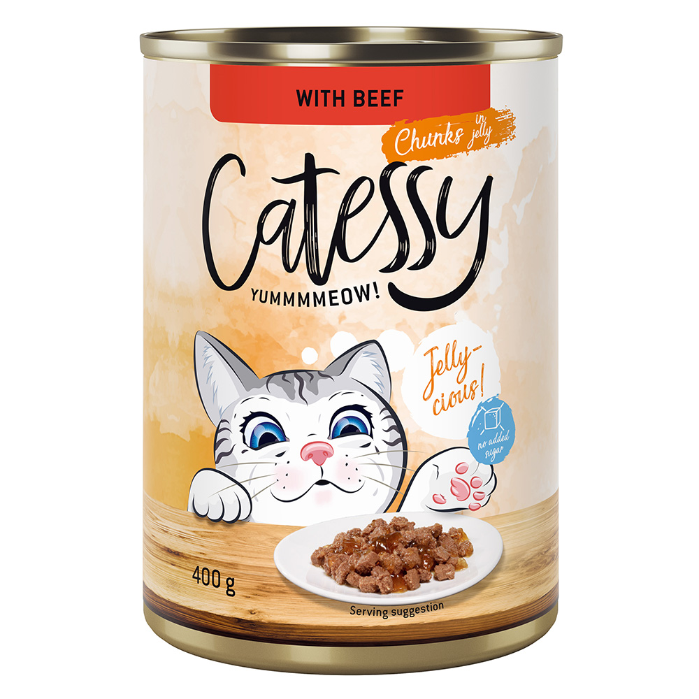 24x400g Hapjes in Saus of Gelei met Rund in Gelei Catessy Kattenvoer