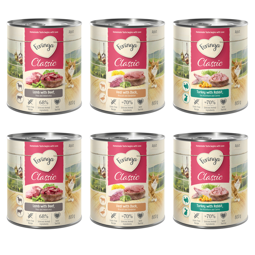 Voordeelpakket Feringa Classic Meat Menu 24 x 800 g Kattenvoer – Mix 2 (Konijn & Kalkoen, Lam & Rund, Eend & Kalf)