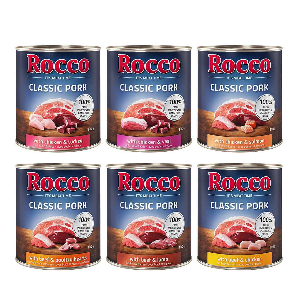 Rocco Classic Pork 6 x 800 g Hondenvoer Mix: Rundvlees/lamsvlees, kip/kalkoen, kip/kalfsvlees, rundvlees/pluimveeharten, kip/zalm, rundvlees/kip