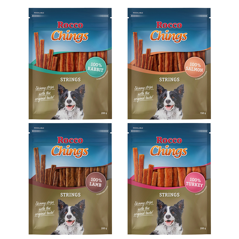 Voordeelpakket Rocco Chings Strings – Mix: 1 x Kalkoen, 1 x Lam, 1 x Konijn, 1x Zalm