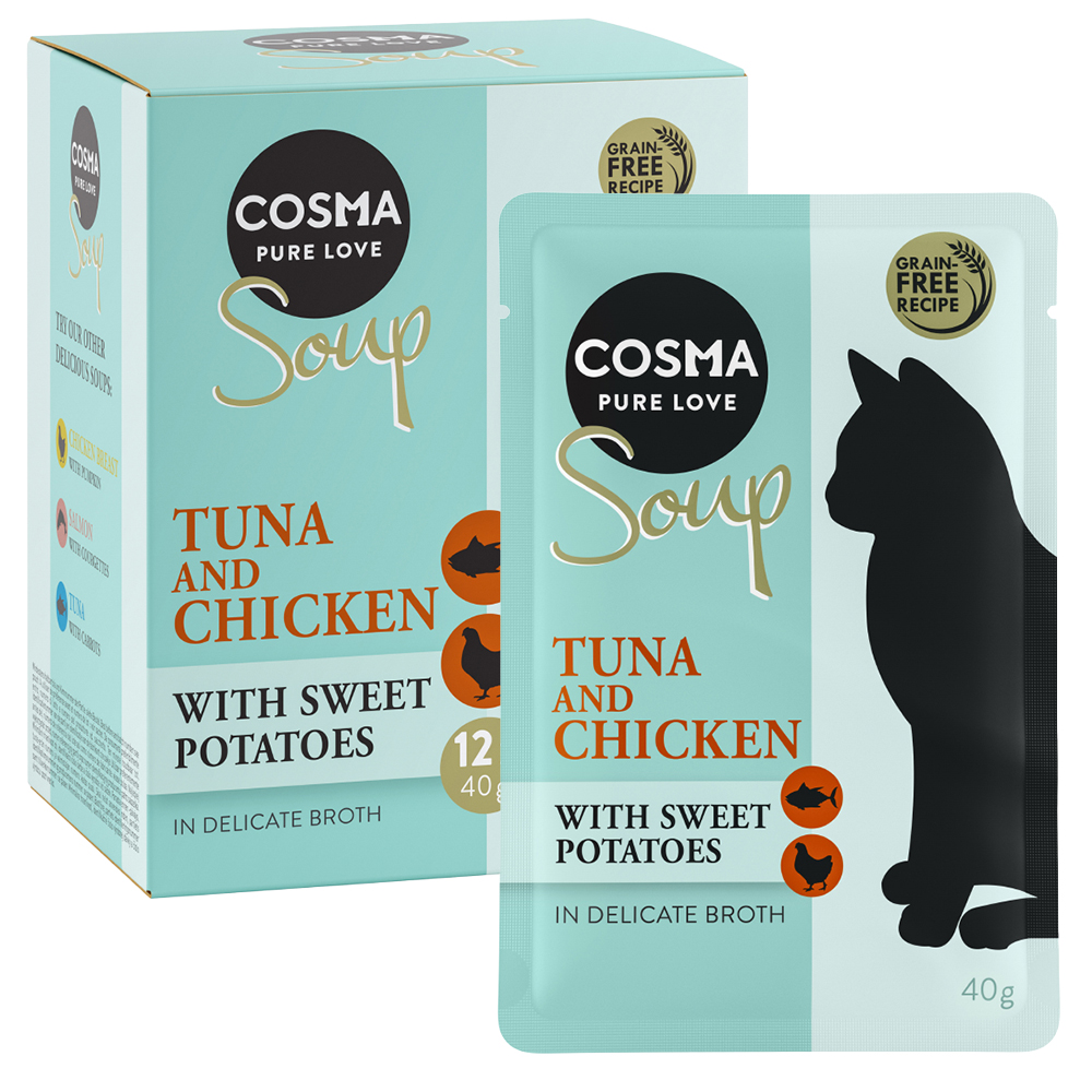 24x40g Soup Tonijn & Kip met Zoete Aardappel Cosma Kattenvoer